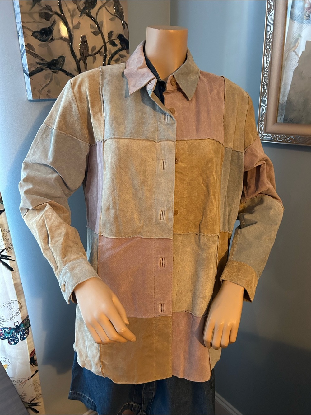 Jessica Holbrook Patchwork Suede Button-Up Jacket in Muted Neutrals